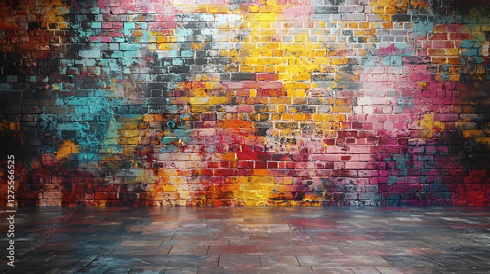 Poster colorful painted brick wall with brick floor and vibrant abstract patterns for background usage