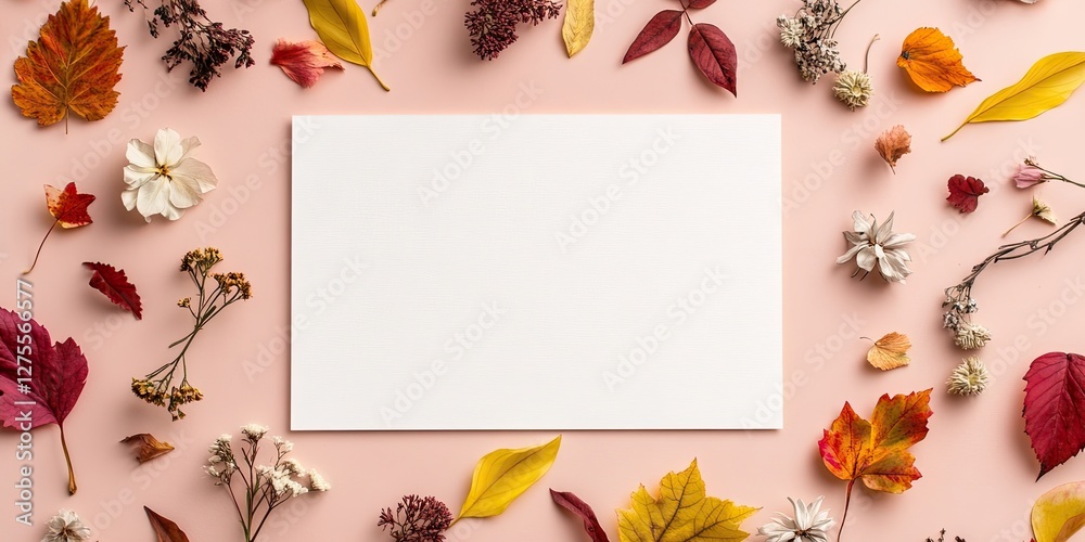 Poster autumn leaves and flowers arranged around a blank white card on a soft pink background featuring vib