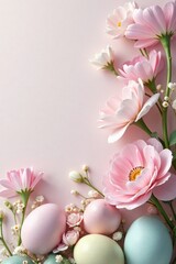 Obraz premium Soft pastel colors with blooming flowers and easter decorations, easter, pastel