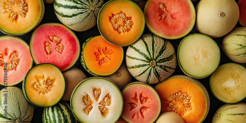 Poster aerial view of assorted sliced melons showcasing vibrant colors like pink, orange, green, and yellow