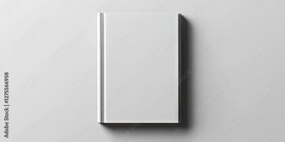 Fototapete minimalistic top view of a blank white hardcover book centered on a light gray background, showcasin