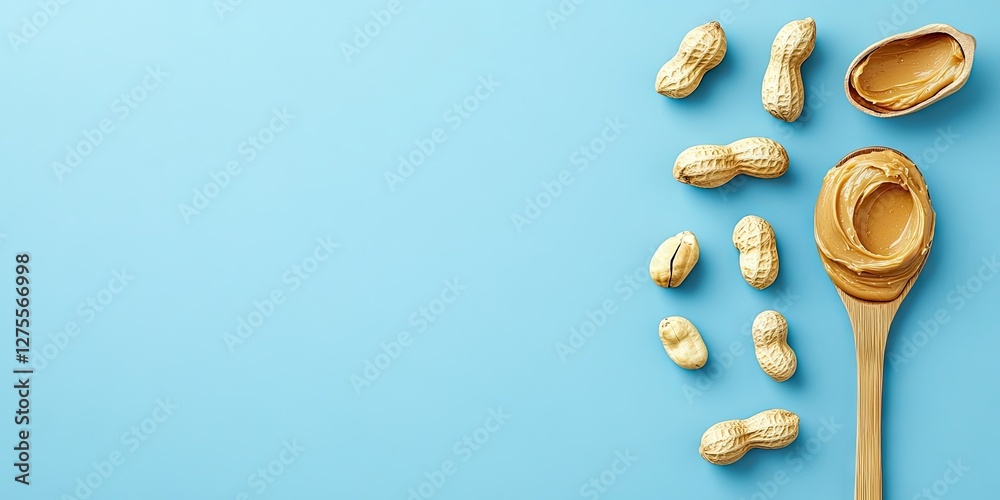 Poster peanut butter spread on a wooden spoon with whole and shelled peanuts scattered on a light blue back