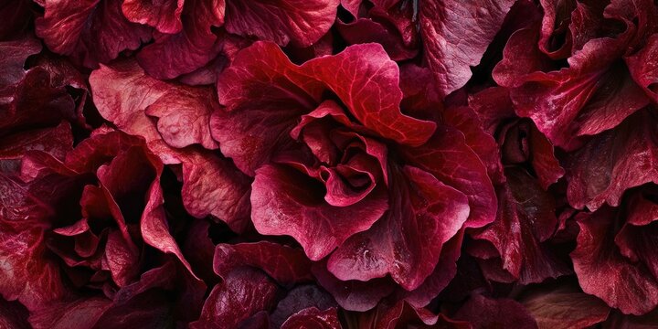 Vibrant red lettuce leaves layered intricately with deep maroon hues, showcasing rich textures and curves in a close-up composition.