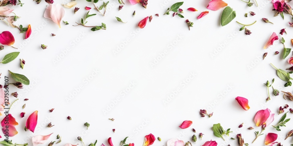 Leinwandbilder Herbal design mockup with colorful petals and leaves arranged on a bright white background in an elegant top-down view, creating a fresh ambiance