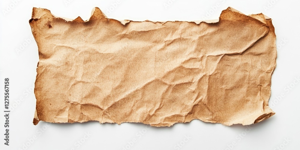 Poster aged and crumpled brown paper with torn edges placed on a clean white background showcasing a weathe
