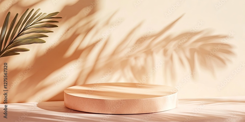 Poster soft peach backdrop with round textured pedestal, complemented by green palm leaves casting delicate