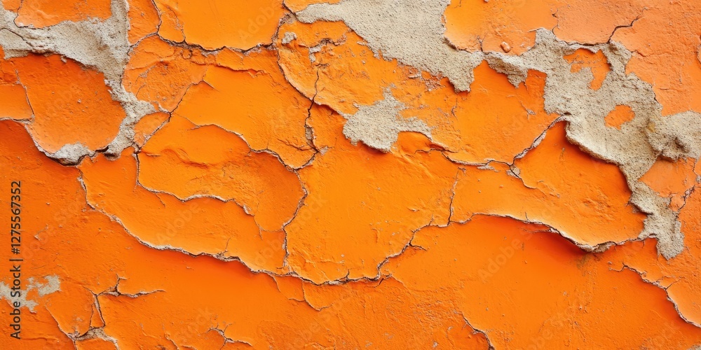 Poster abstract close-up of textured orange wall with peeling paint; vibrant orange background contrasted w