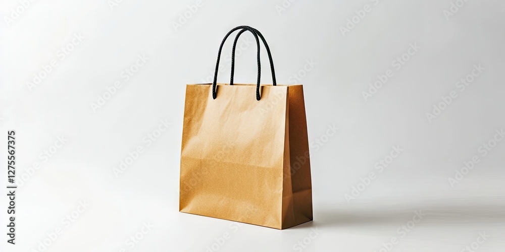 Poster brown paper shopping bag with black handles positioned slightly to the right against a soft white ba