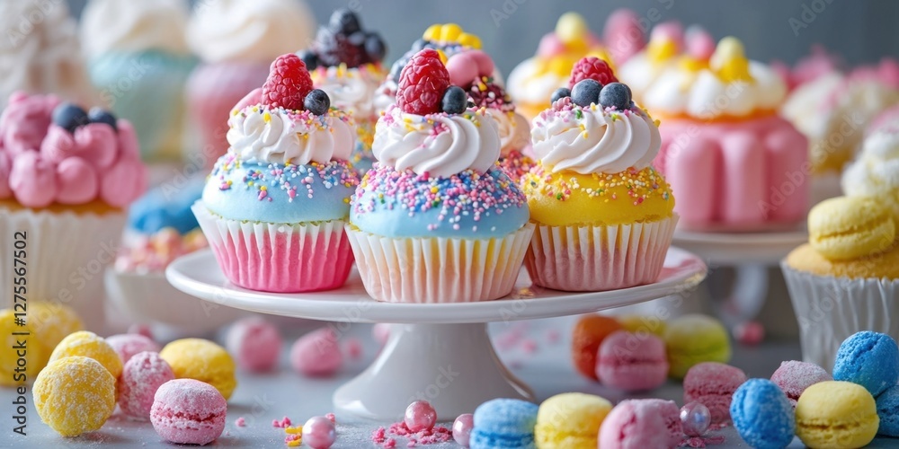 Poster vibrant display of colorful cupcakes in pastel shades of blue yellow and pink topped with swirls of 