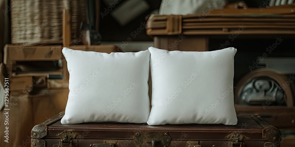 Aufkleber White square cushions resting on an antique vintage suitcase in a rustic setting with warm tones and wood elements creating a cozy atmosphere.
