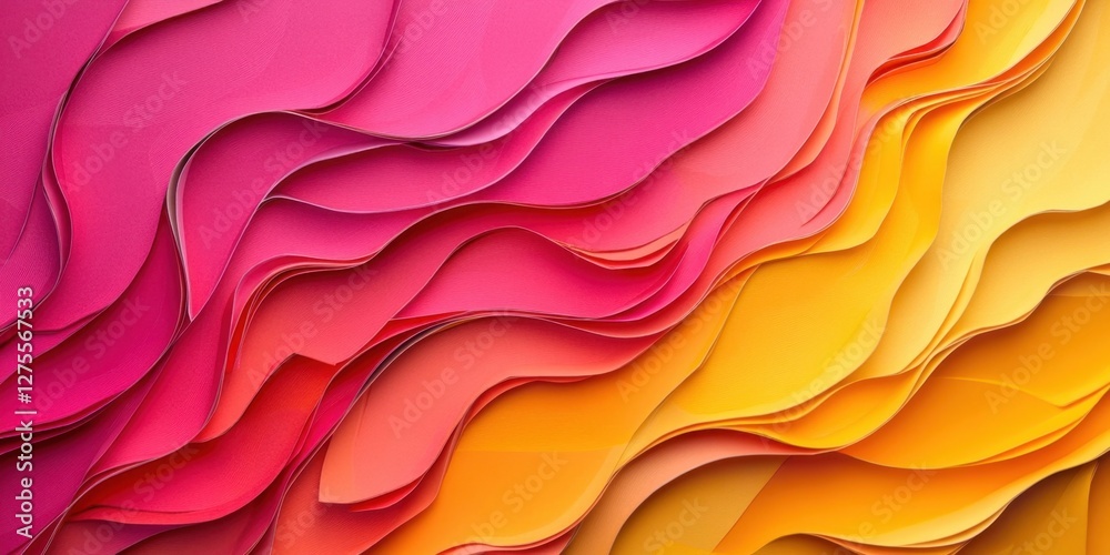 Poster Colorful cardboard waves in fuchsia and yellow shades creating a vibrant background with smooth, flowing textures and layered dimensions.