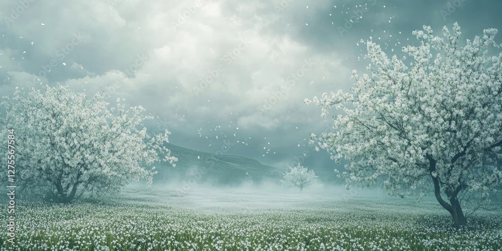 Poster blossoming cherry trees with white flowers in a misty field under a cloudy spring sky featuring soft