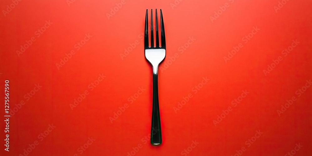 Poster Fork centered vertically on a bright red background, showcasing its shiny silver surface and four tines, emphasizing simplicity and elegance.