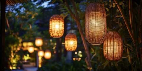 Fototapeta premium Illuminated bamboo lanterns hang serenely against a blurred garden backdrop at night, casting warm light through woven rattan textures in soft yellow hues.