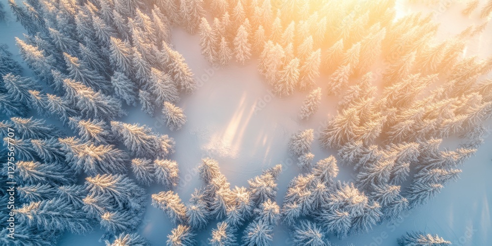 Poster aerial view of a snow-covered pine forest at sunset with golden hues illuminating the snowy treetops