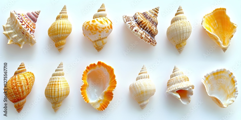 Poster Colorful collection of twelve seashells arranged in two rows, featuring various shapes and textures with orange, yellow, and white hues on a white background.
