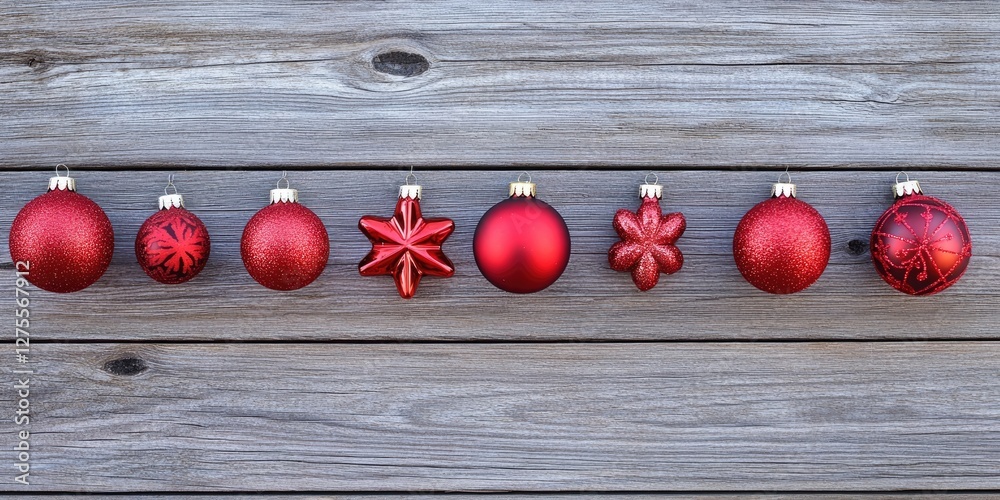 Poster Red Christmas ornaments of various shapes and textures displayed on a rustic wooden surface with a light gray tone creating a festive atmosphere