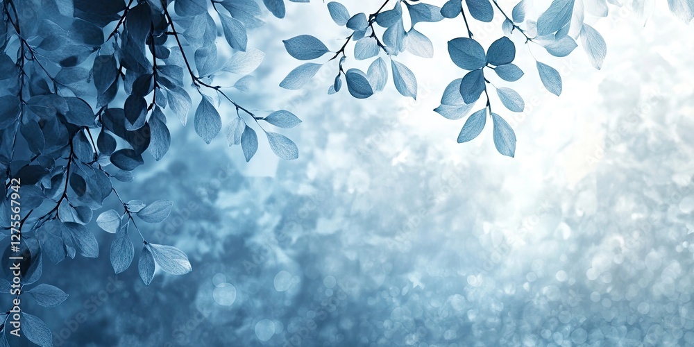 Aufkleber Bluish abstract background with soft leaf silhouettes on the left and ample copy space on the right for text or design elements.