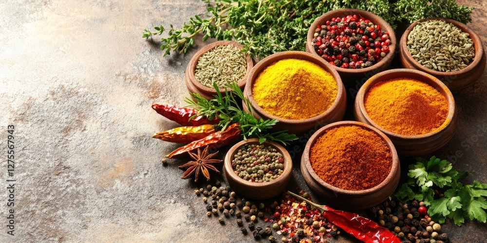 Aufkleber a rustic food background featuring bowls of vibrant ground spices like turmeric and red chili, surro