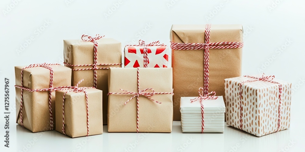 Poster colorful gift boxes wrapped in brown paper tied with twine arranged in stacked positions against a w