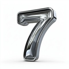 Number 7 made of polished silver metal with a reflective surface isolated on a clean white background