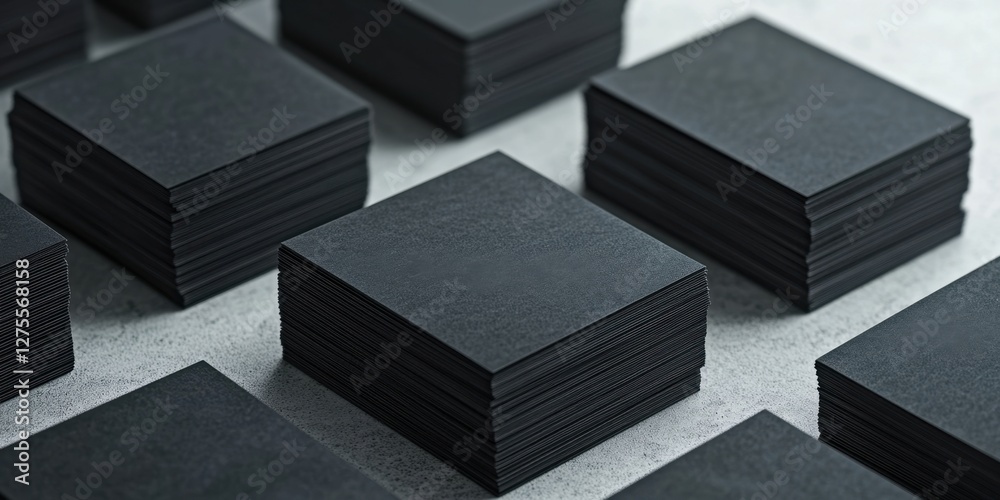 Poster Horizontal black business cards neatly stacked in organized rows on a white textured paper backdrop showcasing minimalistic elegance and professionalism.