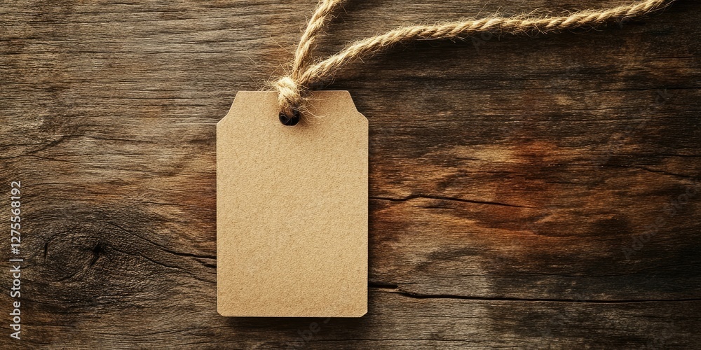 Poster brown paper price tag with burlap rope positioned centrally against a textured dark wooden backgroun