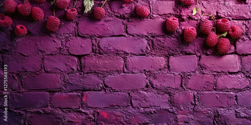 Poster raspberries against a textured purple brick wall with a focus on vibrant red hues and contrasting sh
