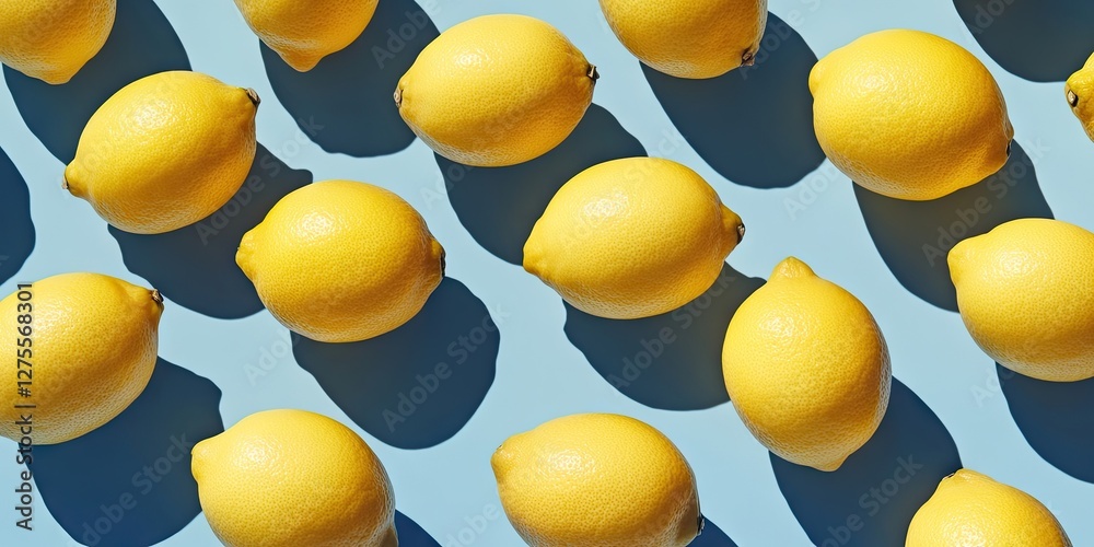 Poster Vibrant yellow lemons arranged on a light blue background with distinct shadows creating ample space for text and design elements.