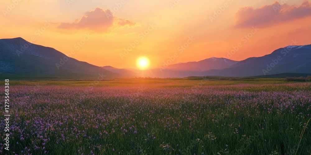 Poster serene sunset over a vibrant purple and green field with mountains in the background and soft clouds