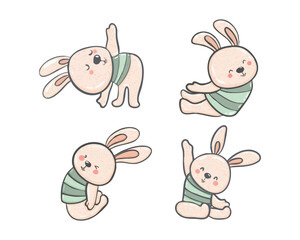 Set of four Easter bunnies.Yoga bunny.