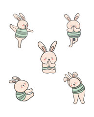 Set of five Easter bunnies.Yoga bunny.
