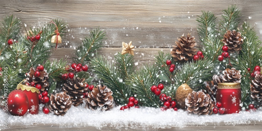 Poster Festive Christmas backdrop featuring fir trees with berries and pine cones arranged on a wooden surface with snowflakes creating a holiday atmosphere