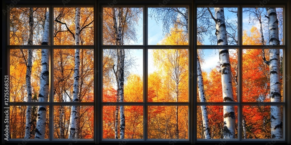 Poster autumn forest view through a window showcasing vibrant yellow and orange leaves on birch trees again