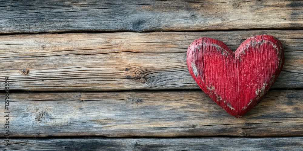 Poster Red wooden heart on rustic wooden background with weathered textures and warm tones, positioned left, creating a warm and inviting atmosphere.