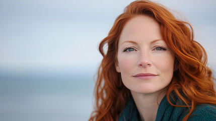 Fototapeta premium Beautiful Redhead Woman in Close-Up, Looking Thoughtfully at Camera on the Beach with a Moody Sky Overhead beautiful redhead, close-up portrait, beach headshot, moody sky, ginger b