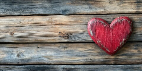 Fototapeta premium Red wooden heart on rustic wooden background with weathered textures and warm tones, positioned left, creating a warm and inviting atmosphere.