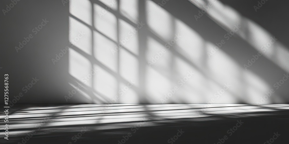 Poster monochromatic image showcasing diagonal shadows from a window pattern on a smooth floor, featuring s
