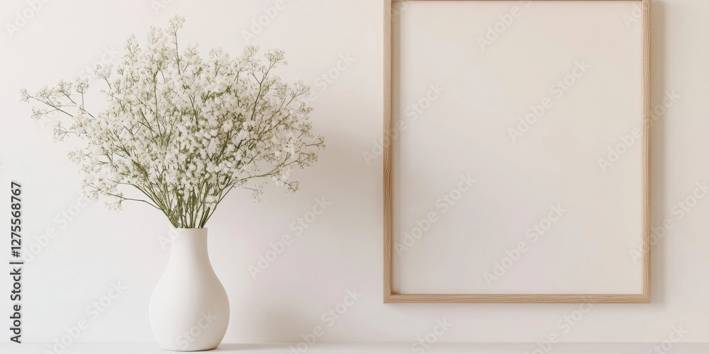 Poster wooden vertical frame with white background showcases white vase of gypsophila flowers on white shel