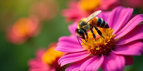 Close-up of a bee gathering nectar from a colorful flower, bee, close-up, nature