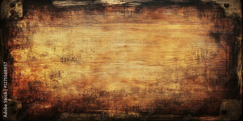 Poster Grunge textured wooden board background in warm brown and golden hues with dark edges creating depth and rustic charm. Perfect for vintage design.