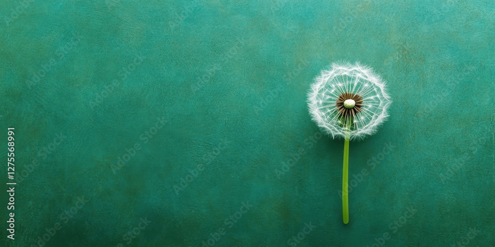 Aufkleber delicate dandelion bloom with fluffy white seeds positioned right on a smooth teal background symbol
