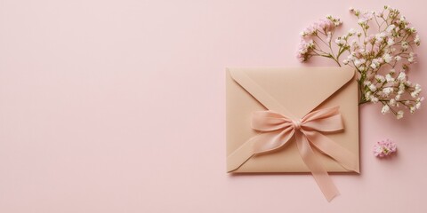 Elegant envelope with a soft pink bow and delicate flowers on a light pink background, arranged harmoniously for an inviting atmosphere.