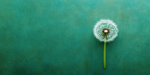 Delicate dandelion bloom with fluffy white seeds positioned right on a smooth teal background symbolizing nature's beauty and spring's arrival