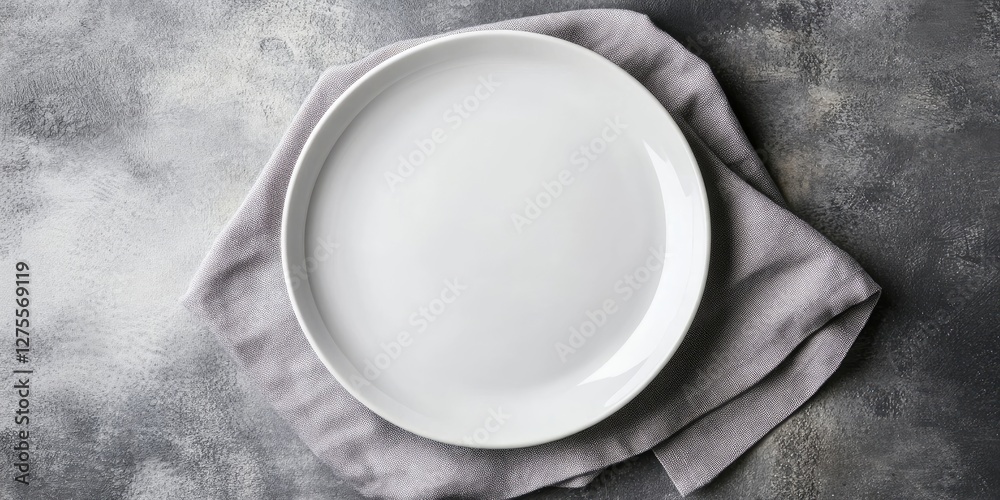 Poster Minimalistic top view of a white plate resting on a soft grey napkin with subdued tones creating a calm and elegant setting for dining.