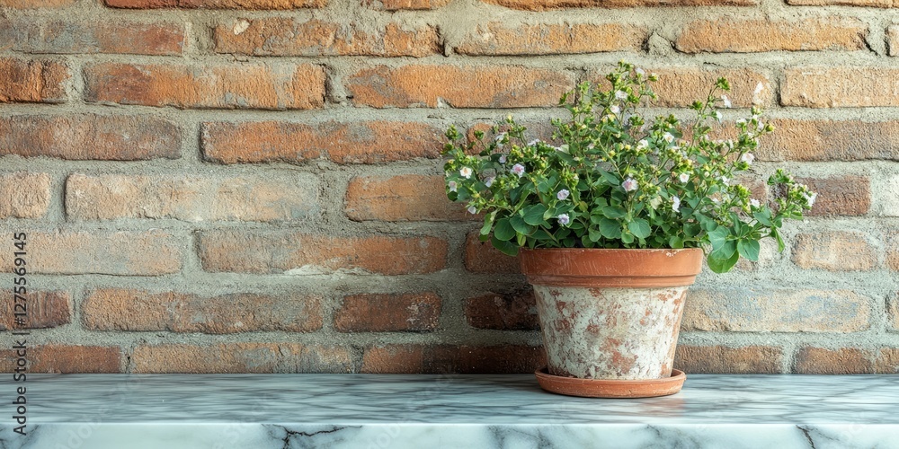 Poster flower pot with green plant on a glossy marble surface against textured brick wall background creati