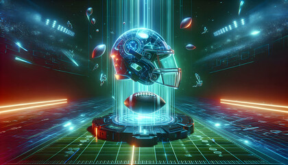 American Football Futuristic sci-fi inspired scene featuring a glowing holographic football helmet and football hoveri3