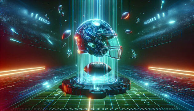American Football Futuristic sci-fi inspired scene featuring a glowing holographic football helmet and football hoveri3
