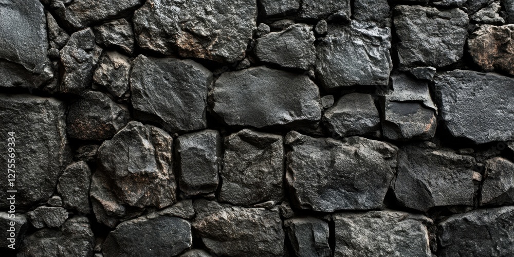Poster black textured stone wall with rough surfaces and irregular shapes, featuring a dark color palette a