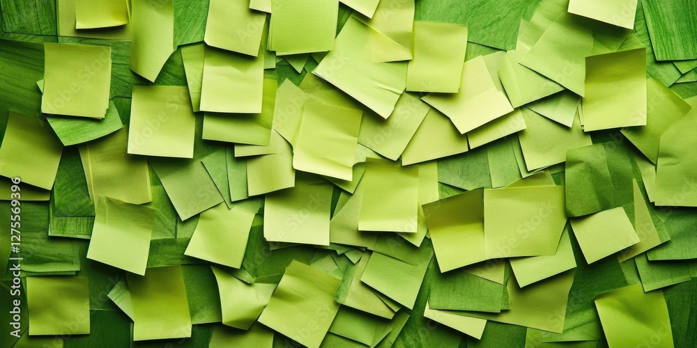 Poster Colorful array of green sticky notes scattered randomly on a vibrant leaf-patterned background creating a textured and lively display.